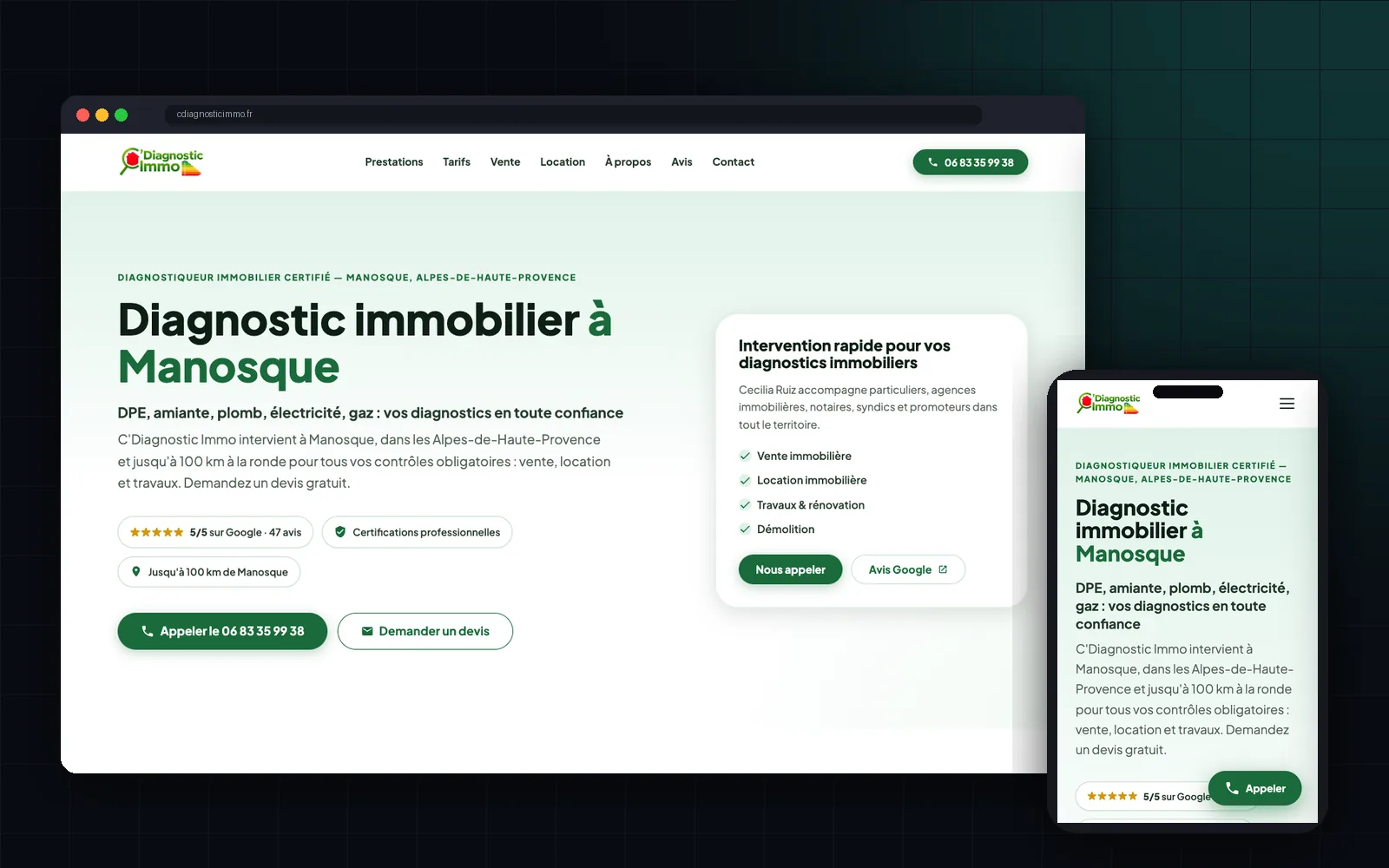 C'Diagnostic Immo : site sur ordinateur et mobile
